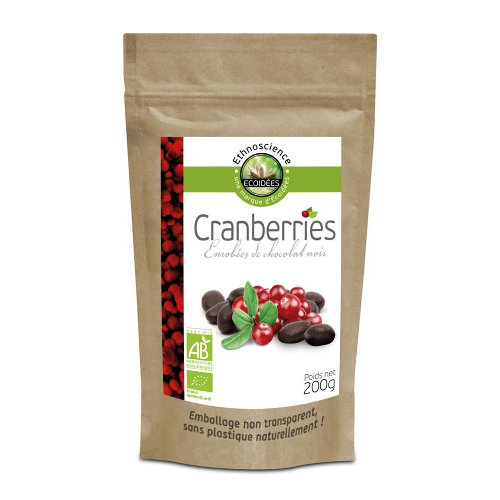 Cranberries au chocolat noir – sachet kraft 200 g face avant