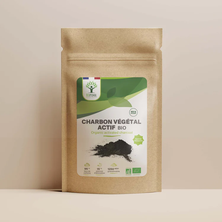 Charbon végétal actif biologique en poudre fine Bioptimal 150 g – sachet kraft face avant