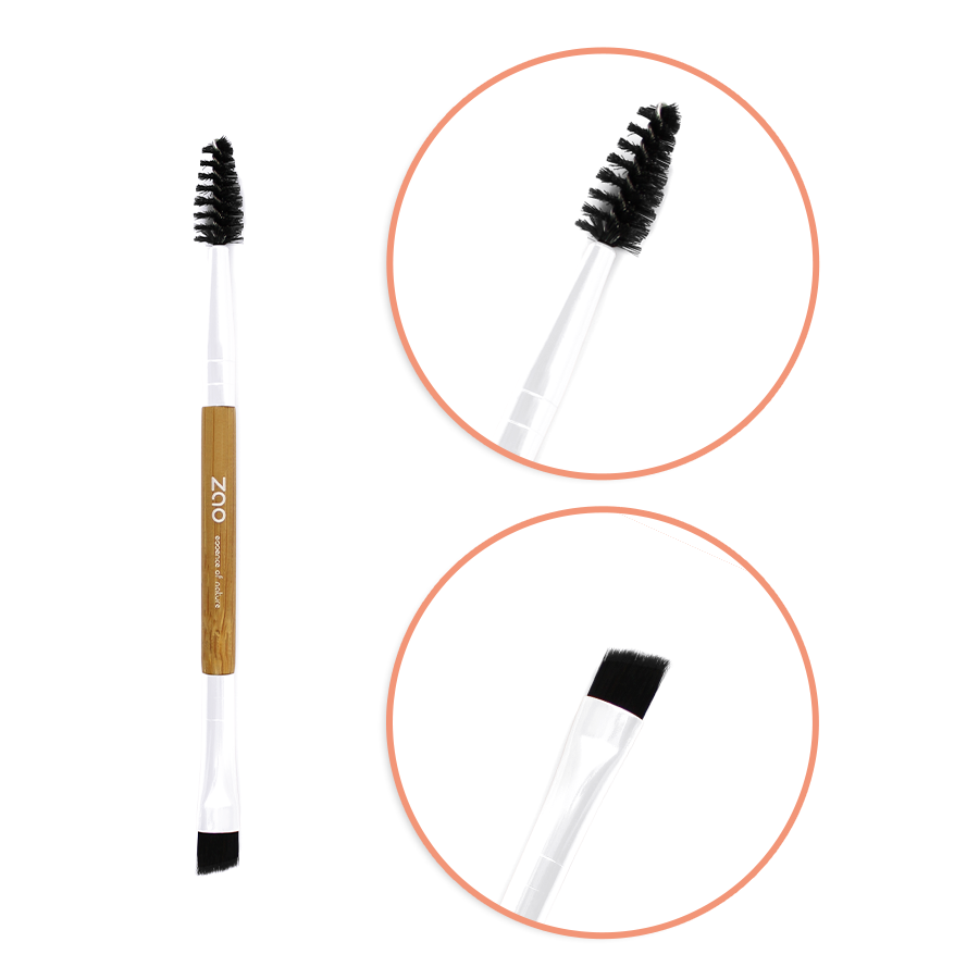 Détail des embouts goupillon et biseauté du Pinceau Bambou Sourcils Duo