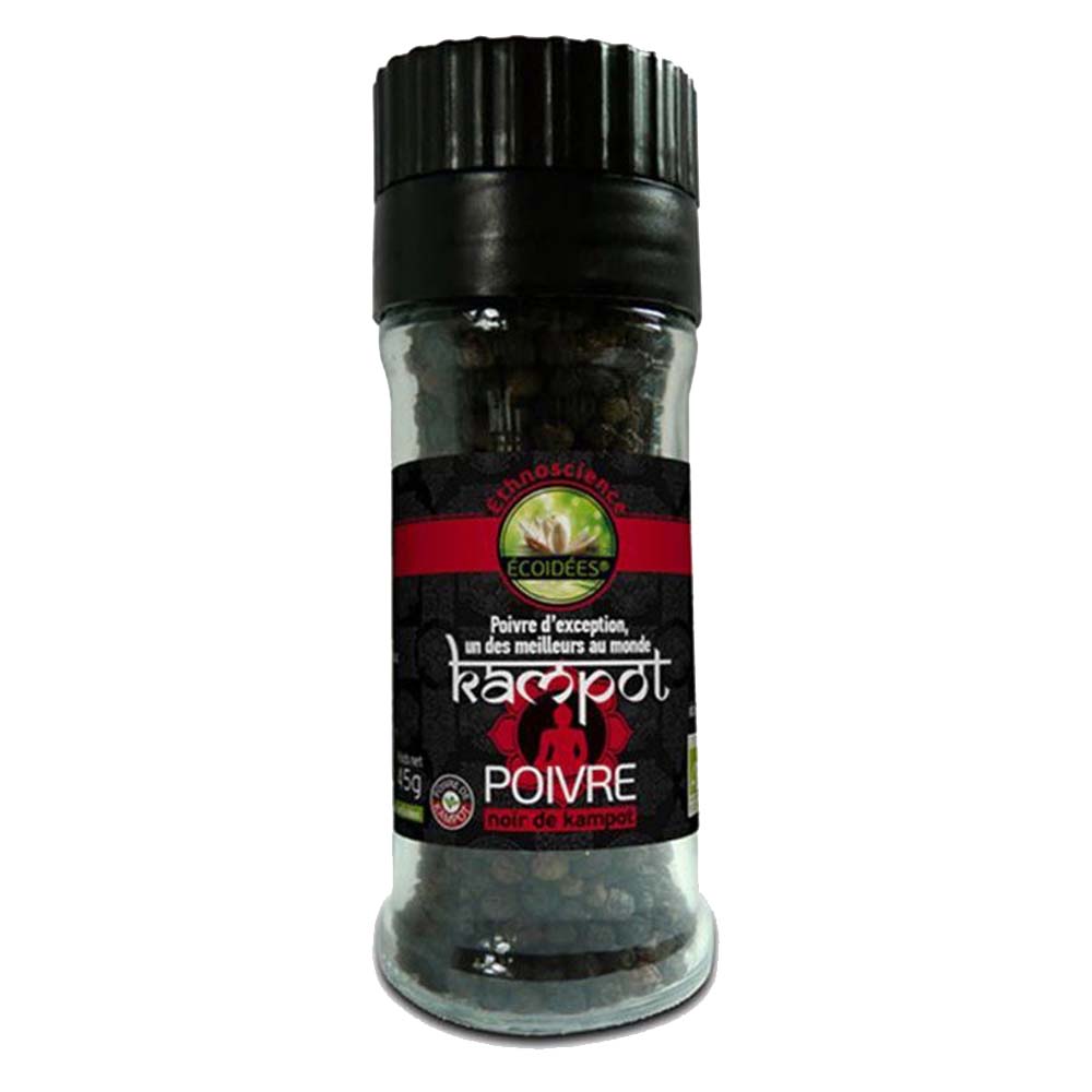 Poivre Noir de Kampot – moulin verre 45 g face avant