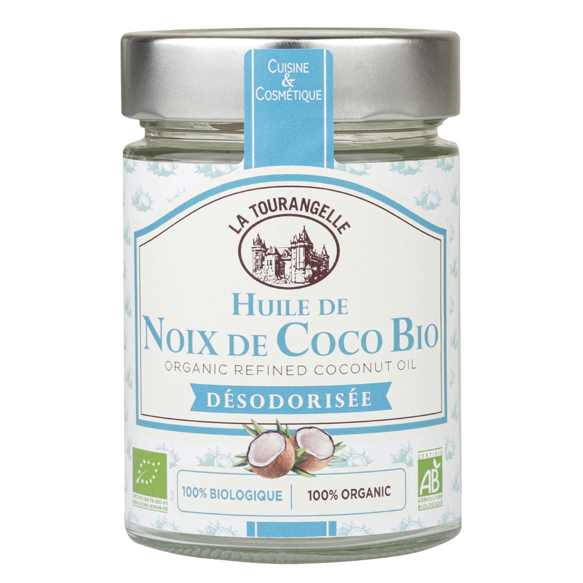 Huile de Noix de Coco Bio Désodorisée – flacon verre 314 ml face avant